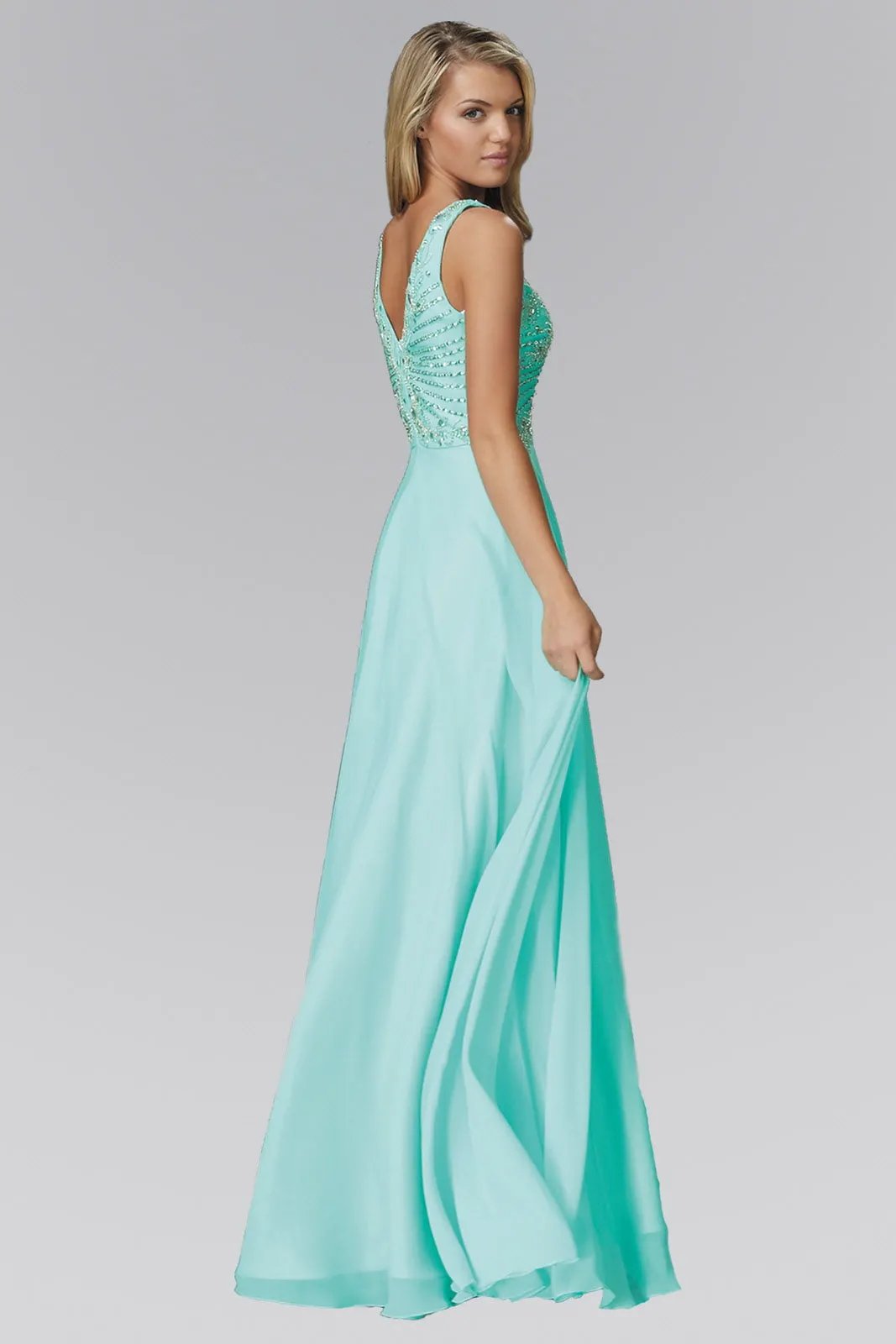 V Neck and Back Chiffon Floor Length Dress with Jewel and Sequin Bodice by Tux-USA