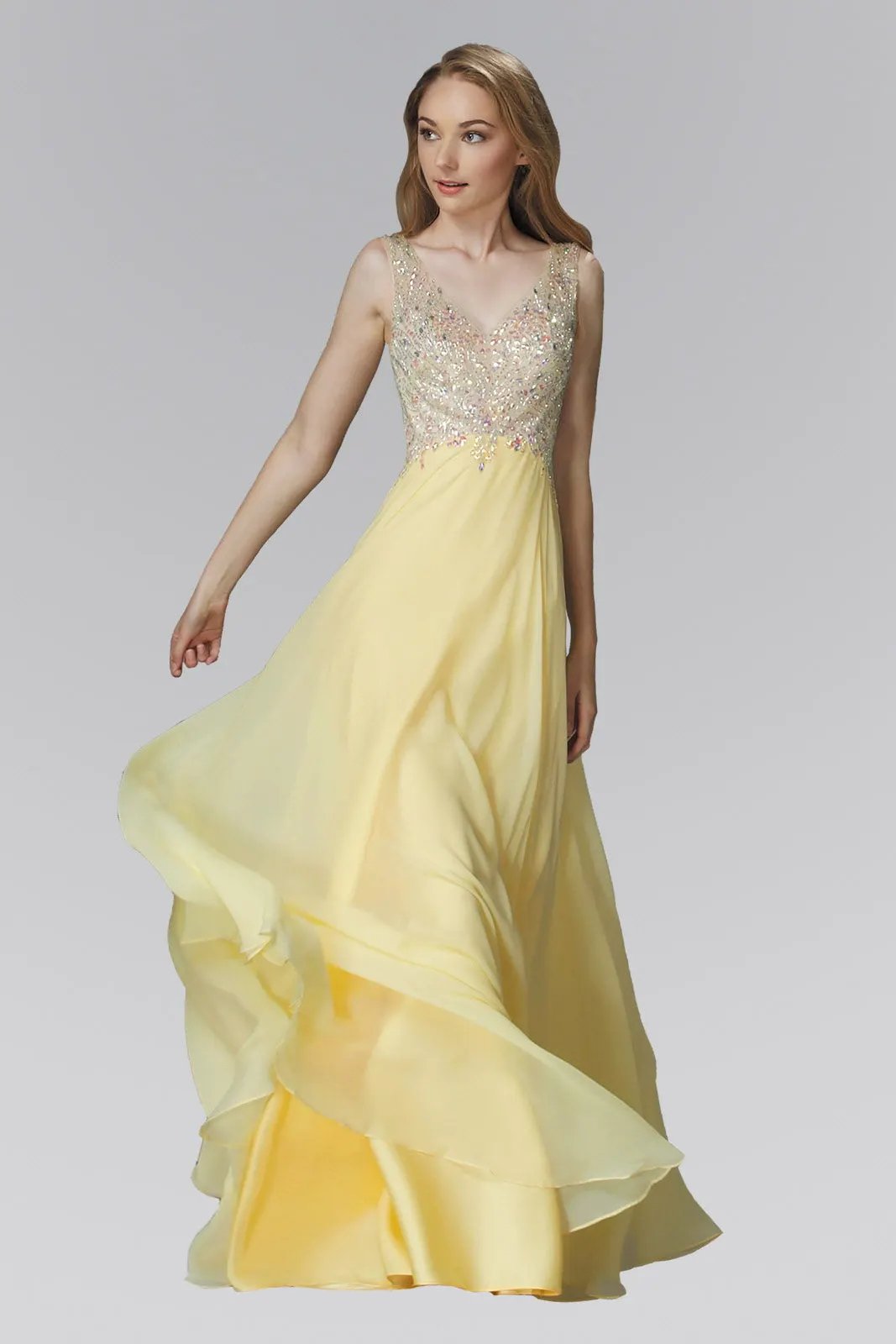 V-Neck Chiffon Floor Length Dress with Jewel Embellished Bodice by Tux-USA