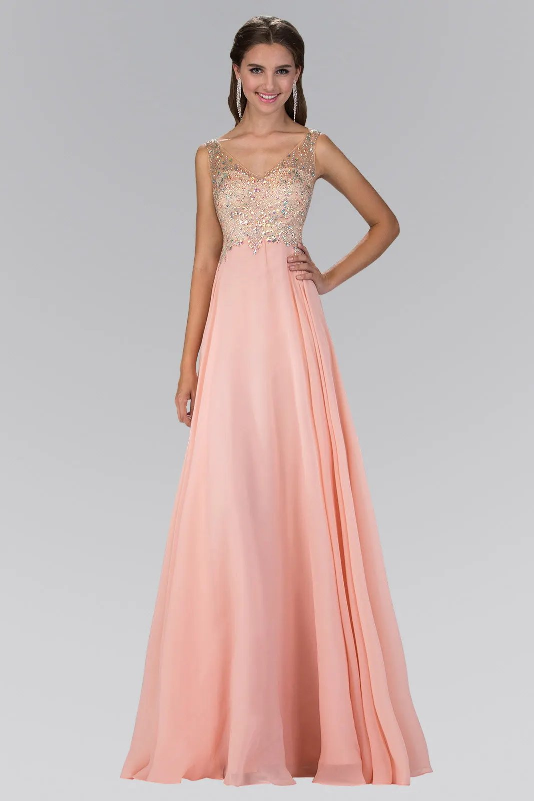 V-Neck Chiffon Floor Length Dress with Jewel Embellished Bodice by Tux-USA
