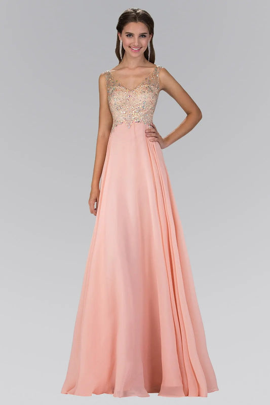 V-Neck Chiffon Floor Length Dress with Jewel Embellished Bodice by Tux-USA