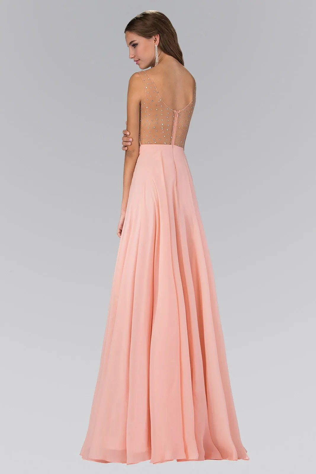 V-Neck Chiffon Floor Length Dress with Jewel Embellished Bodice by Tux-USA