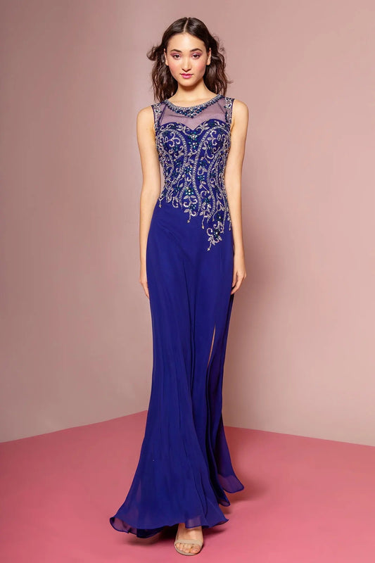 Beaded Chiffon Floor Length Dress with Sheer Neckline and Side Slit by Tux-USA