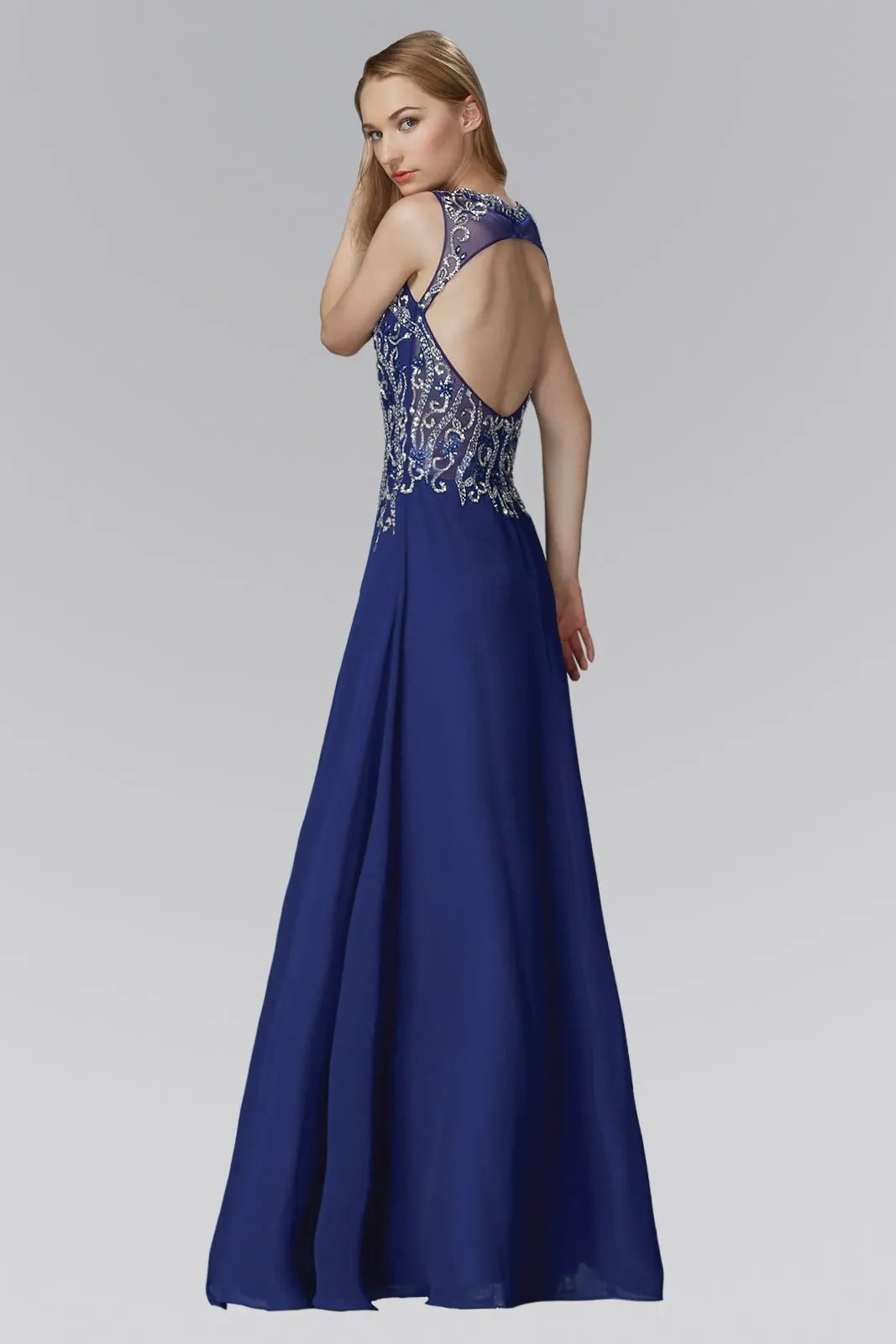 Beaded Chiffon Floor Length Dress with Sheer Neckline and Side Slit by Tux-USA
