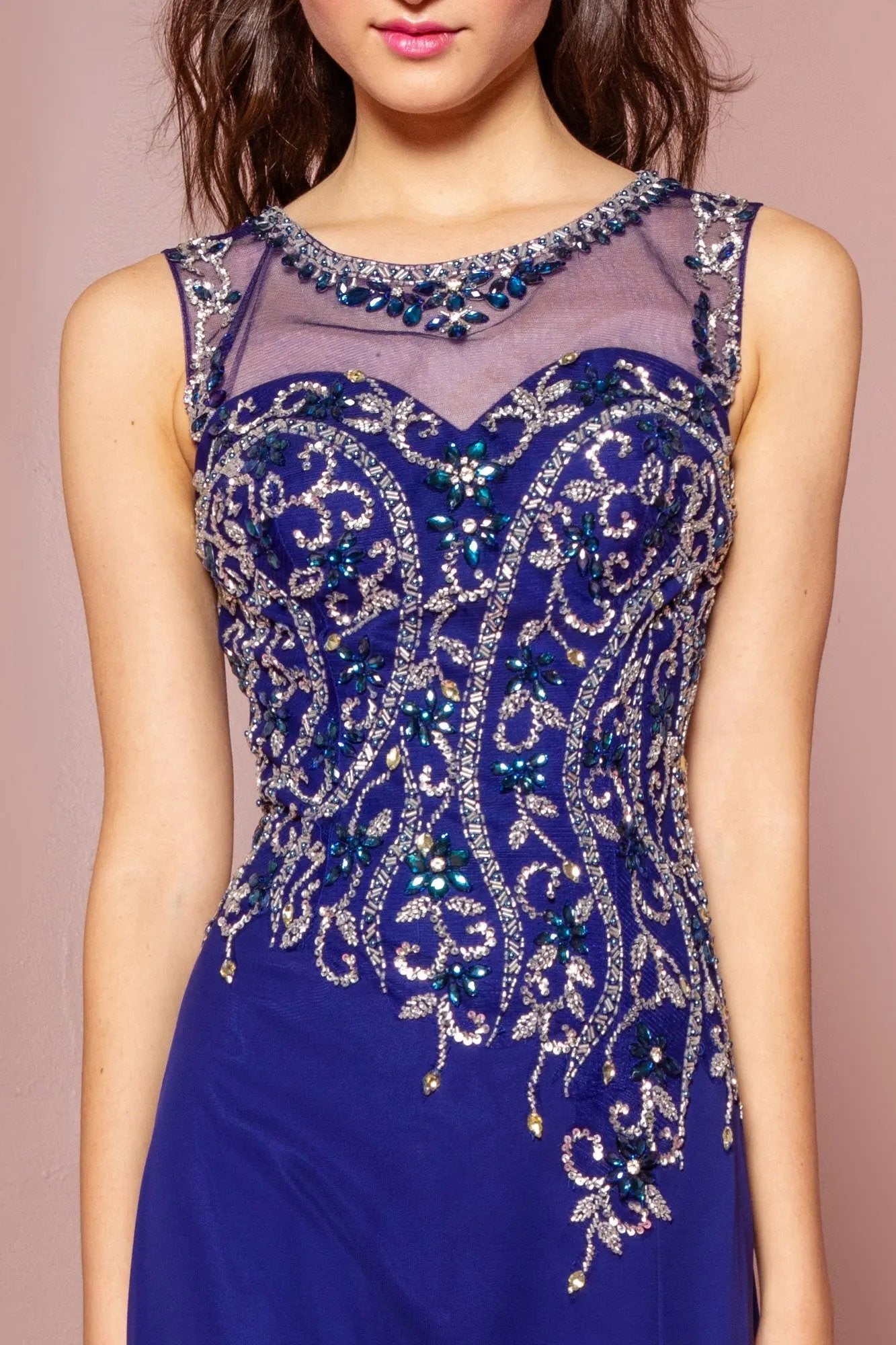 Beaded Chiffon Floor Length Dress with Sheer Neckline and Side Slit by Tux-USA