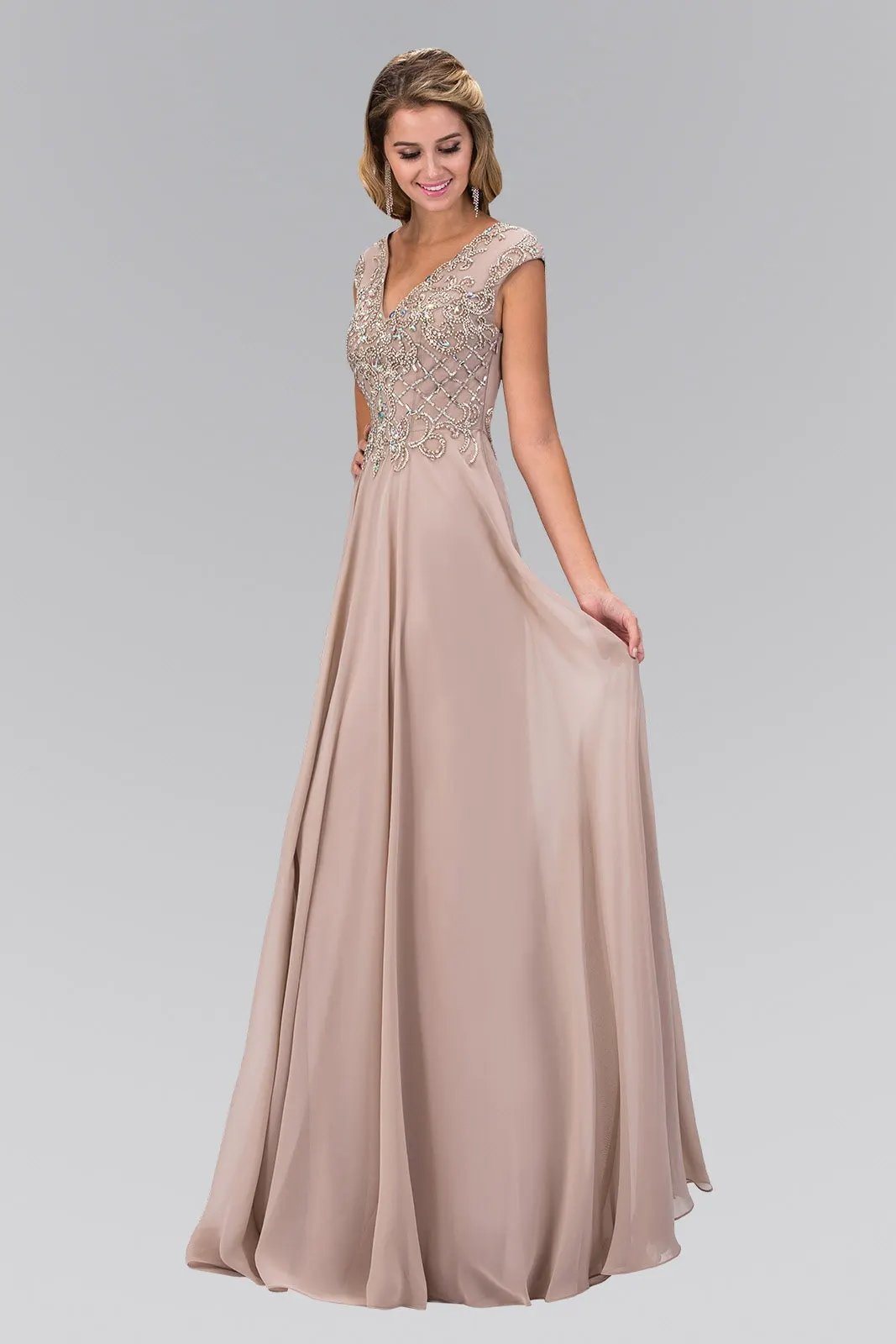 V-Neck Chiffon Floor Length Dress with Jewel Embellished Bodice by Tux-USA
