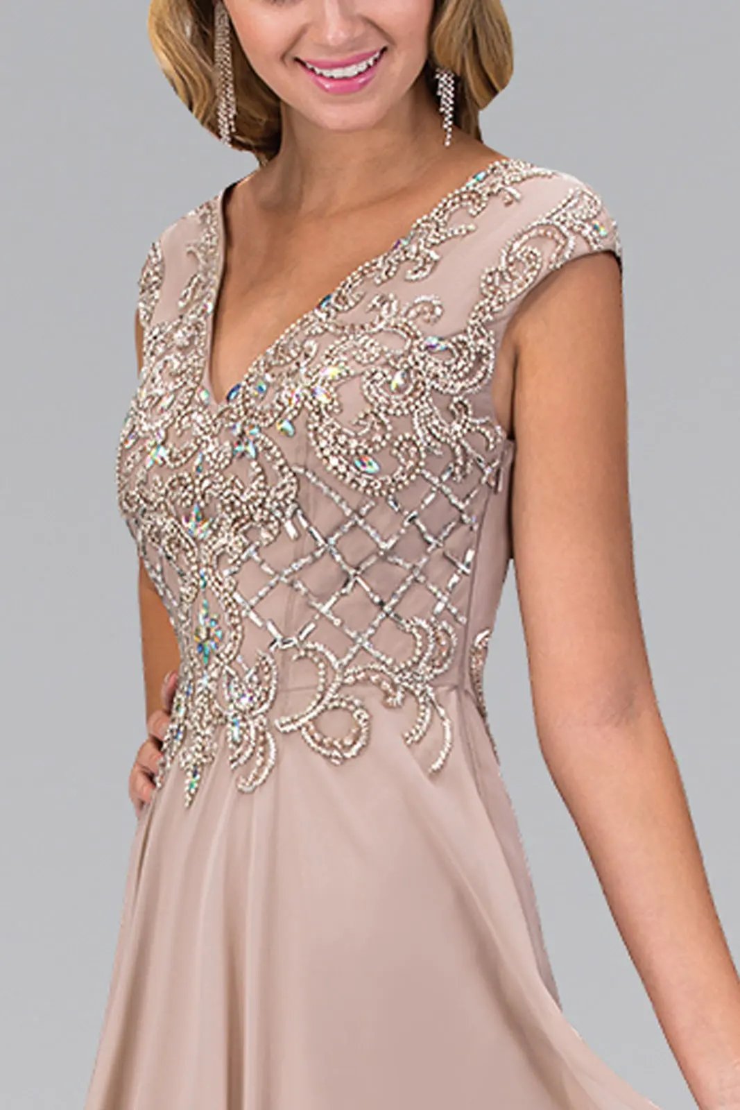 V-Neck Chiffon Floor Length Dress with Jewel Embellished Bodice by Tux-USA