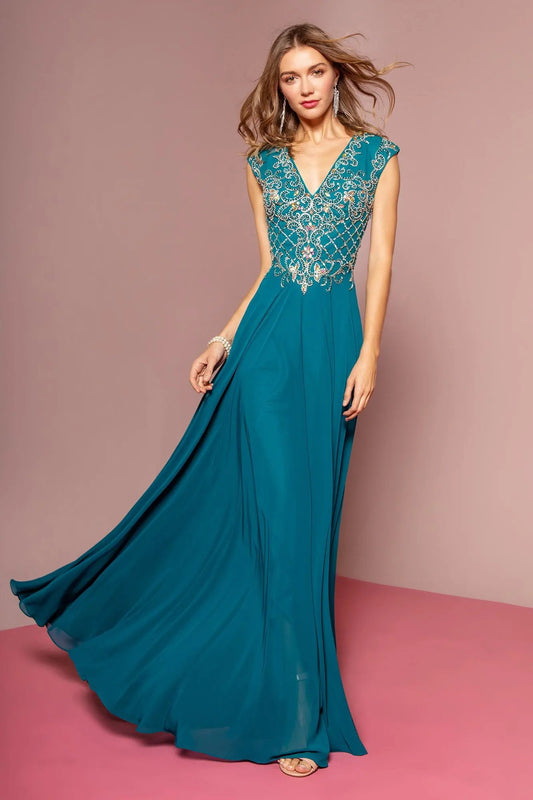 V-Neck Chiffon Floor Length Dress with Jewel Embellished Bodice by Tux-USA