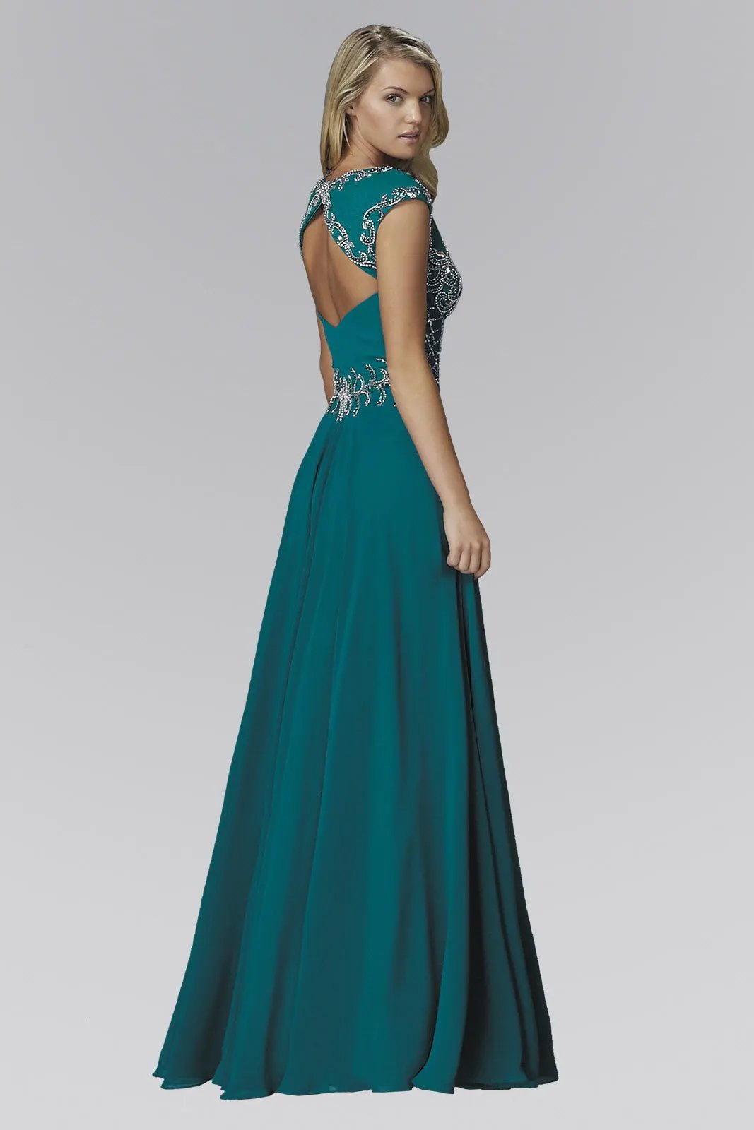 V-Neck Chiffon Floor Length Dress with Jewel Embellished Bodice by Tux-USA