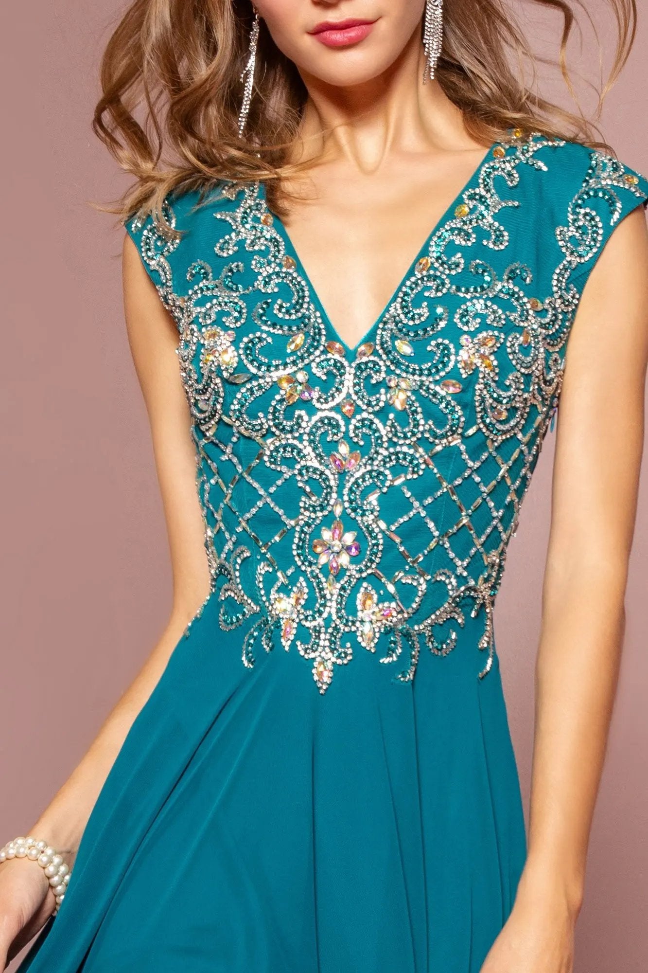 V-Neck Chiffon Floor Length Dress with Jewel Embellished Bodice by Tux-USA