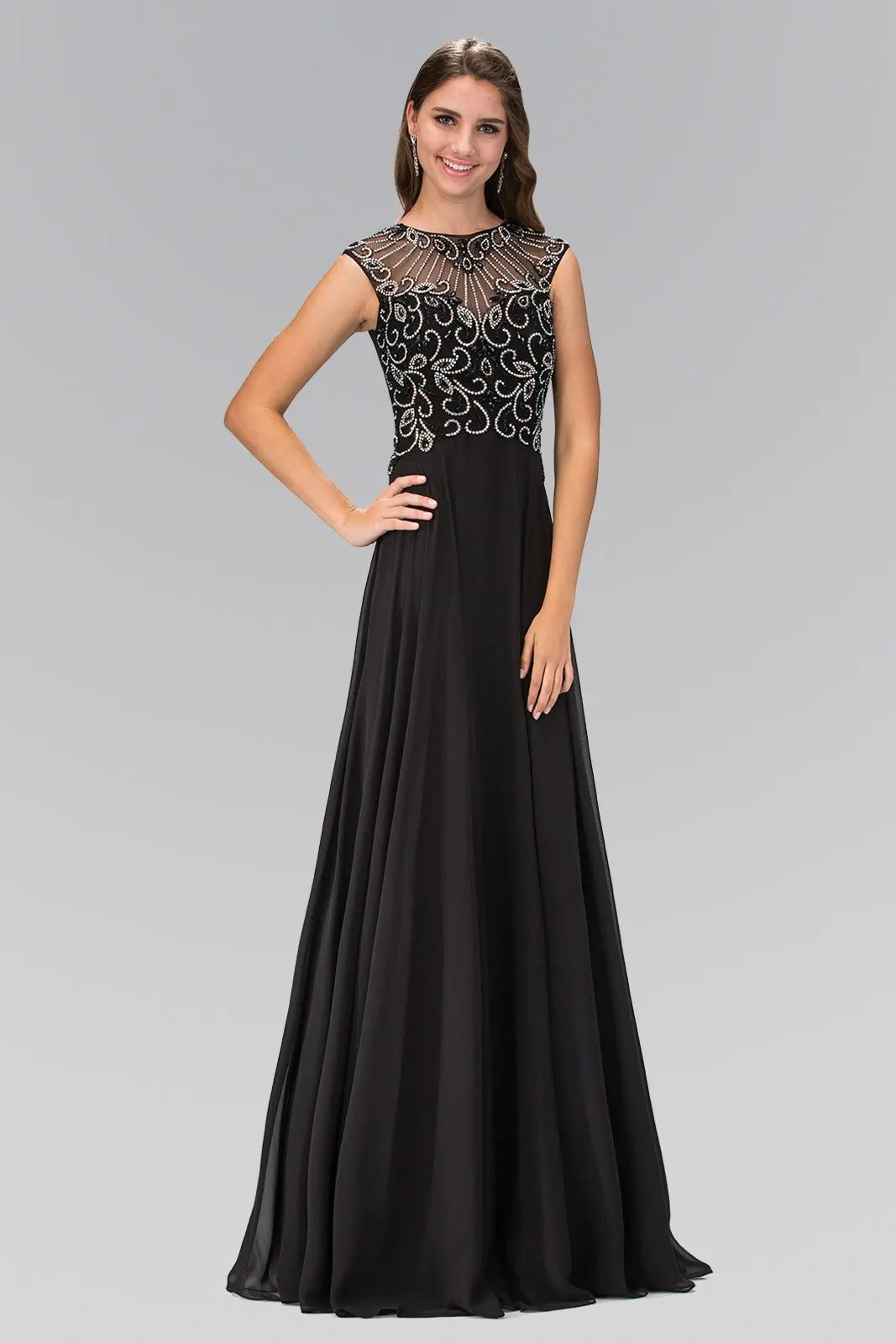 Sheer Back Floor Length Dress with Bead Embellished Bodice by Tux-USA