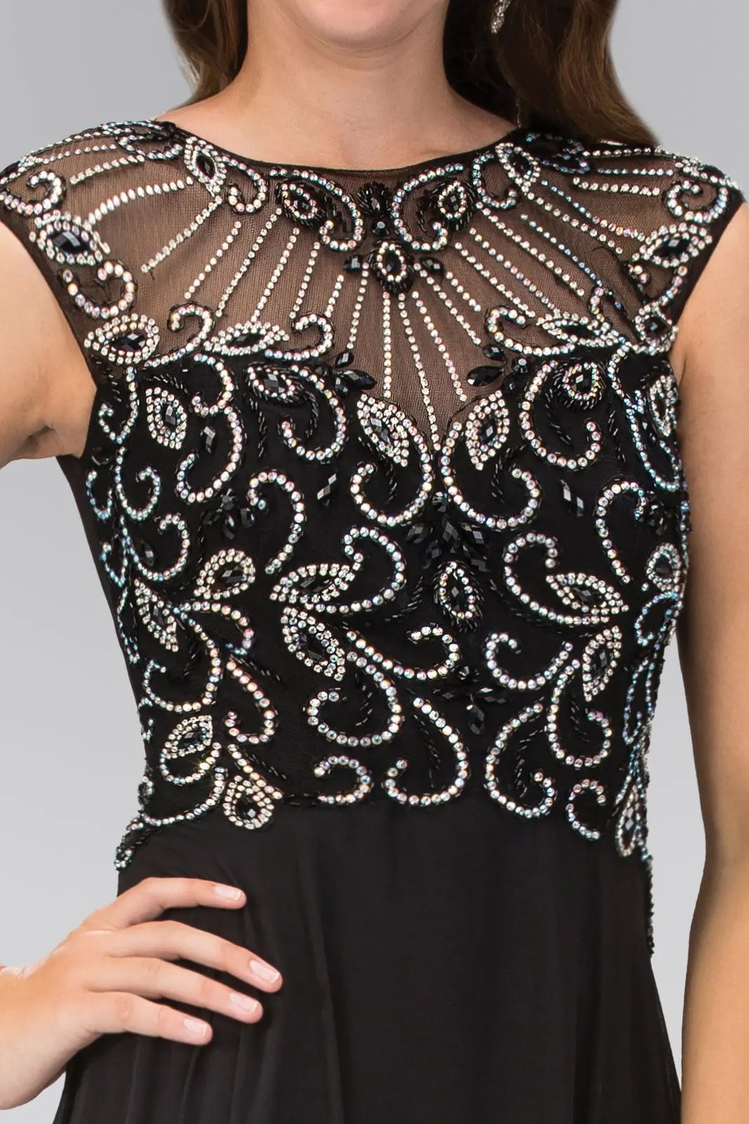 Sheer Back Floor Length Dress with Bead Embellished Bodice by Tux-USA