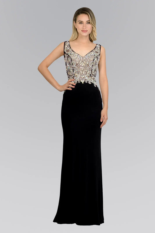 Jewel Embellished Sheer Bodice Jersey Long Dress by Tux-USA