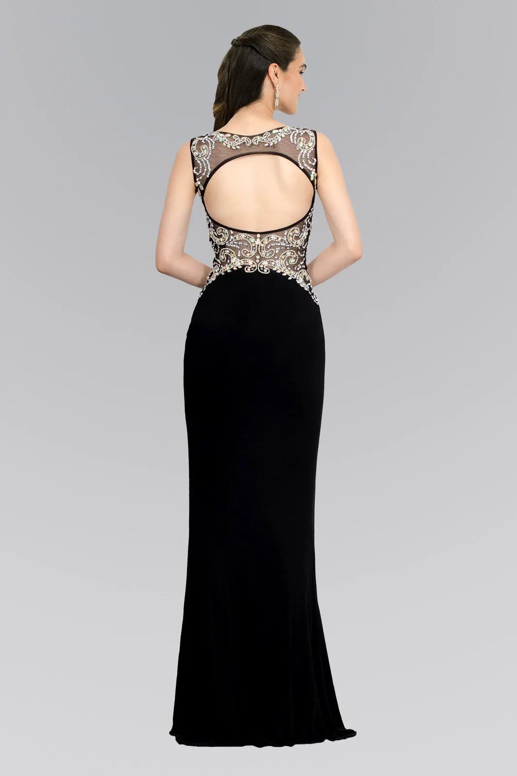 Jewel Embellished Sheer Bodice Jersey Long Dress by Tux-USA