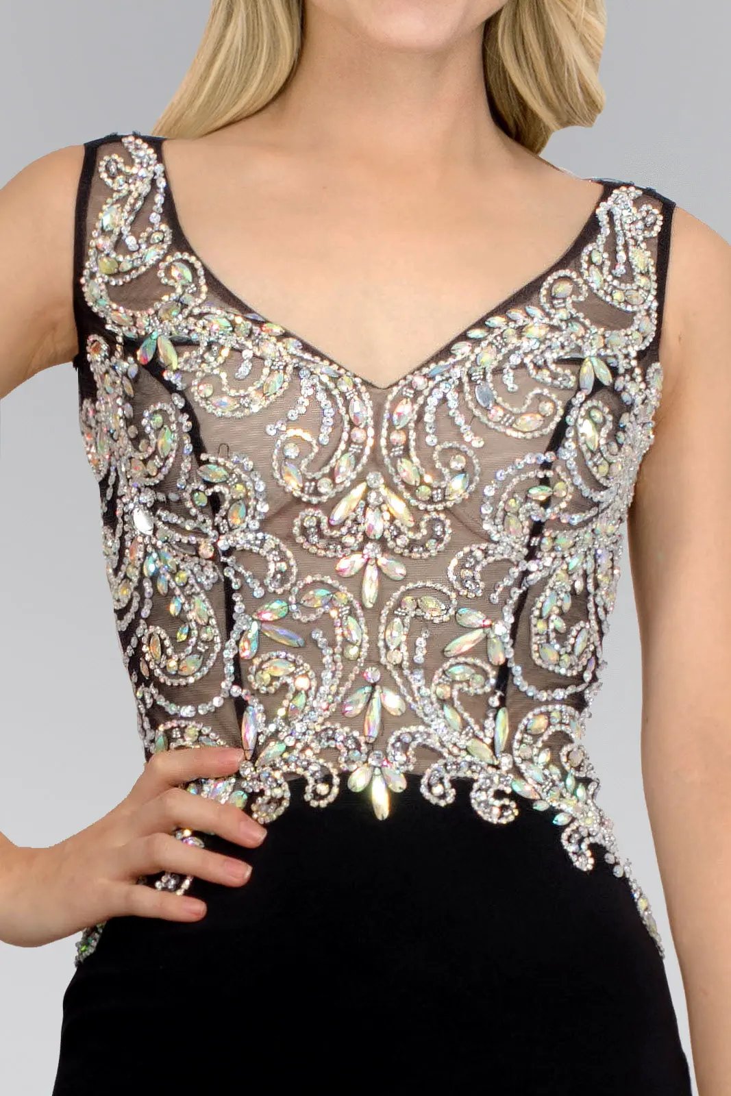 Jewel Embellished Sheer Bodice Jersey Long Dress by Tux-USA