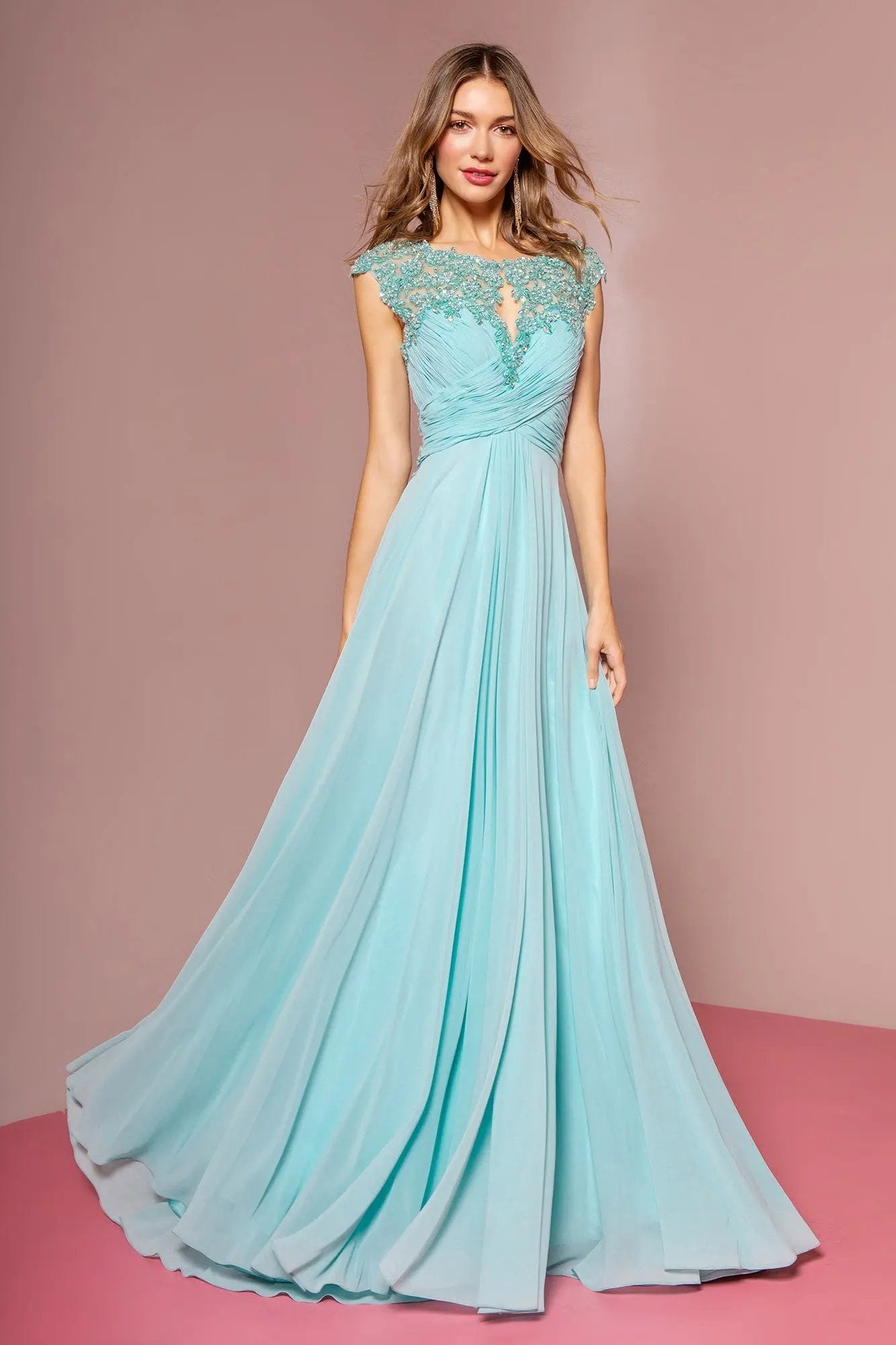 Sheer Back Floor Length Dress with Lace Embellished Ruched Bodice by Tux-USA