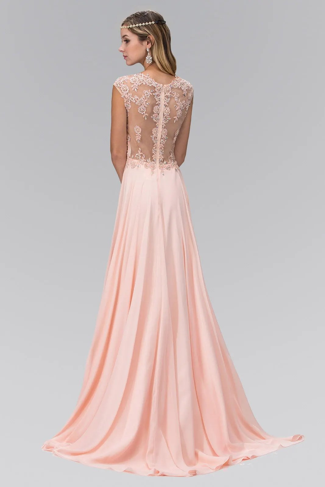 Sheer Back Floor Length Dress with Lace Embellished Ruched Bodice by Tux-USA