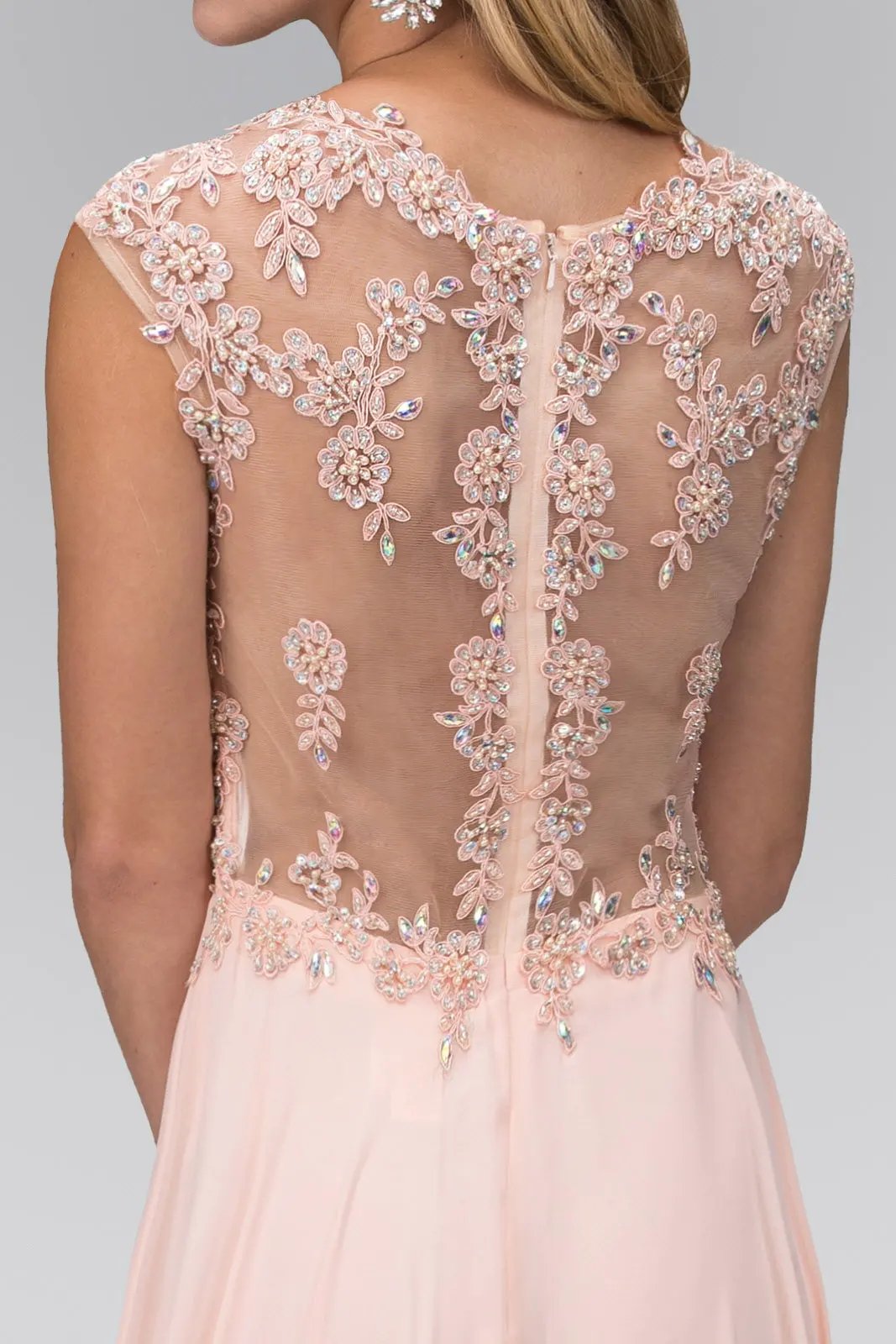 Sheer Back Floor Length Dress with Lace Embellished Ruched Bodice by Tux-USA