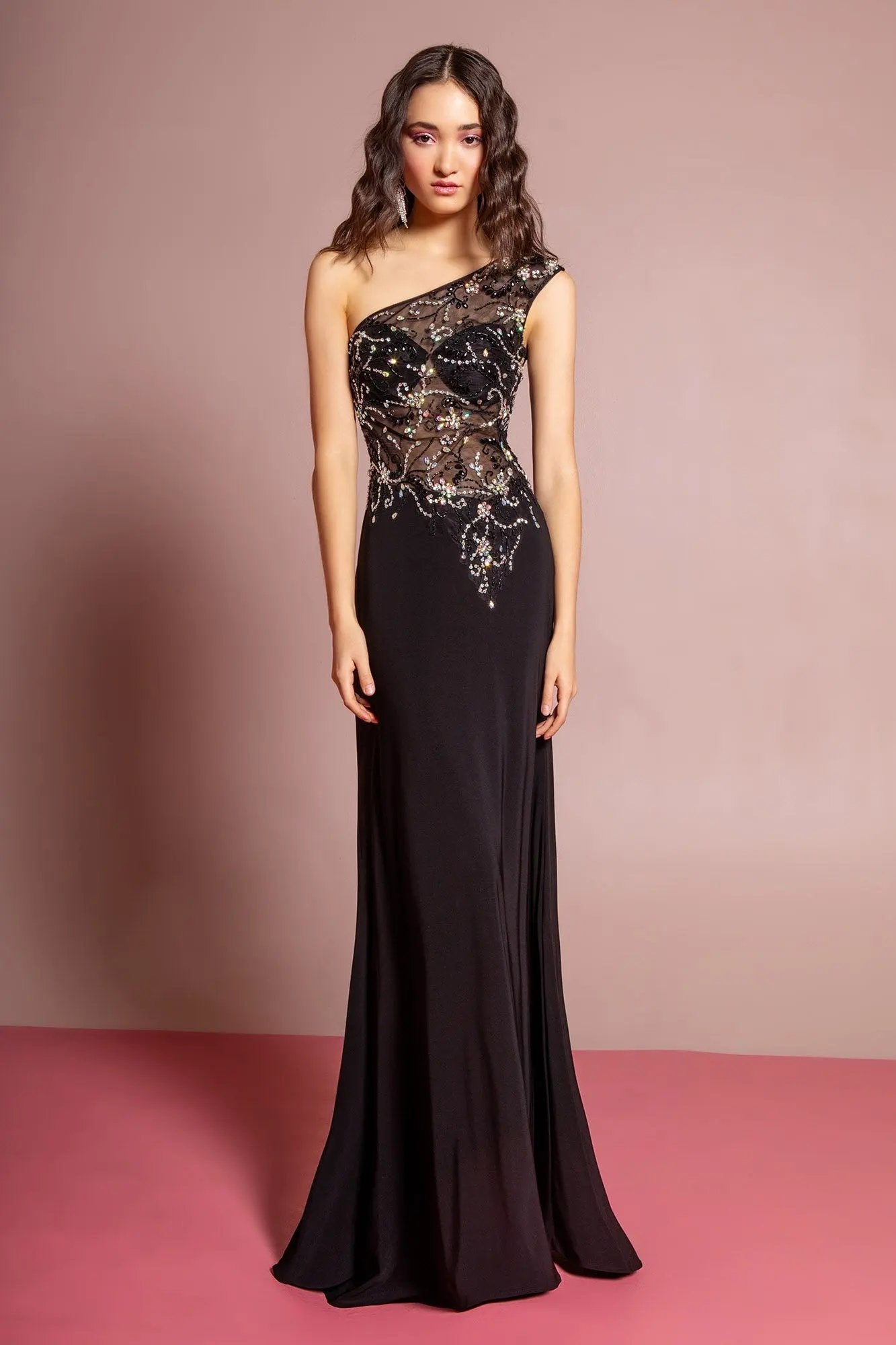 One Shoulder Jersey Floor Length Dress with Jewel Accents and Sheer Bodice by Tux-USA