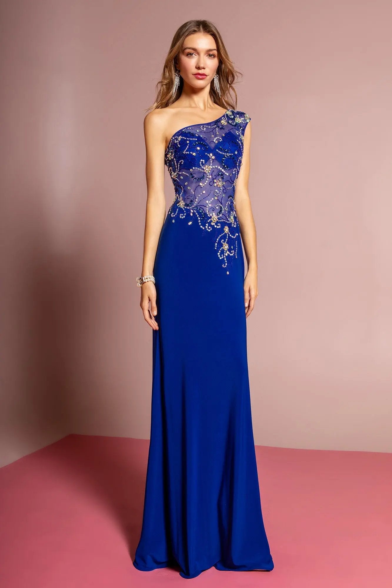 One Shoulder Jersey Floor Length Dress with Jewel Accents and Sheer Bodice by Tux-USA