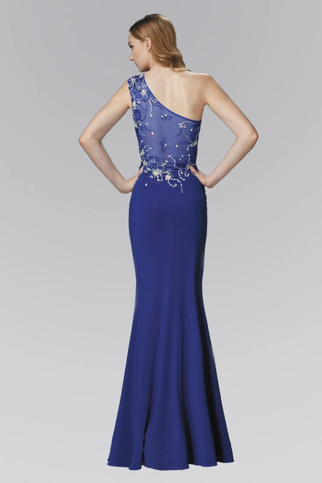 One Shoulder Jersey Floor Length Dress with Jewel Accents and Sheer Bodice by Tux-USA