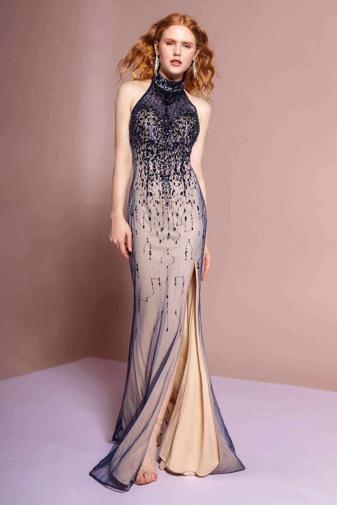 Jeweled High Neck Open Back Dress by Tux-USA