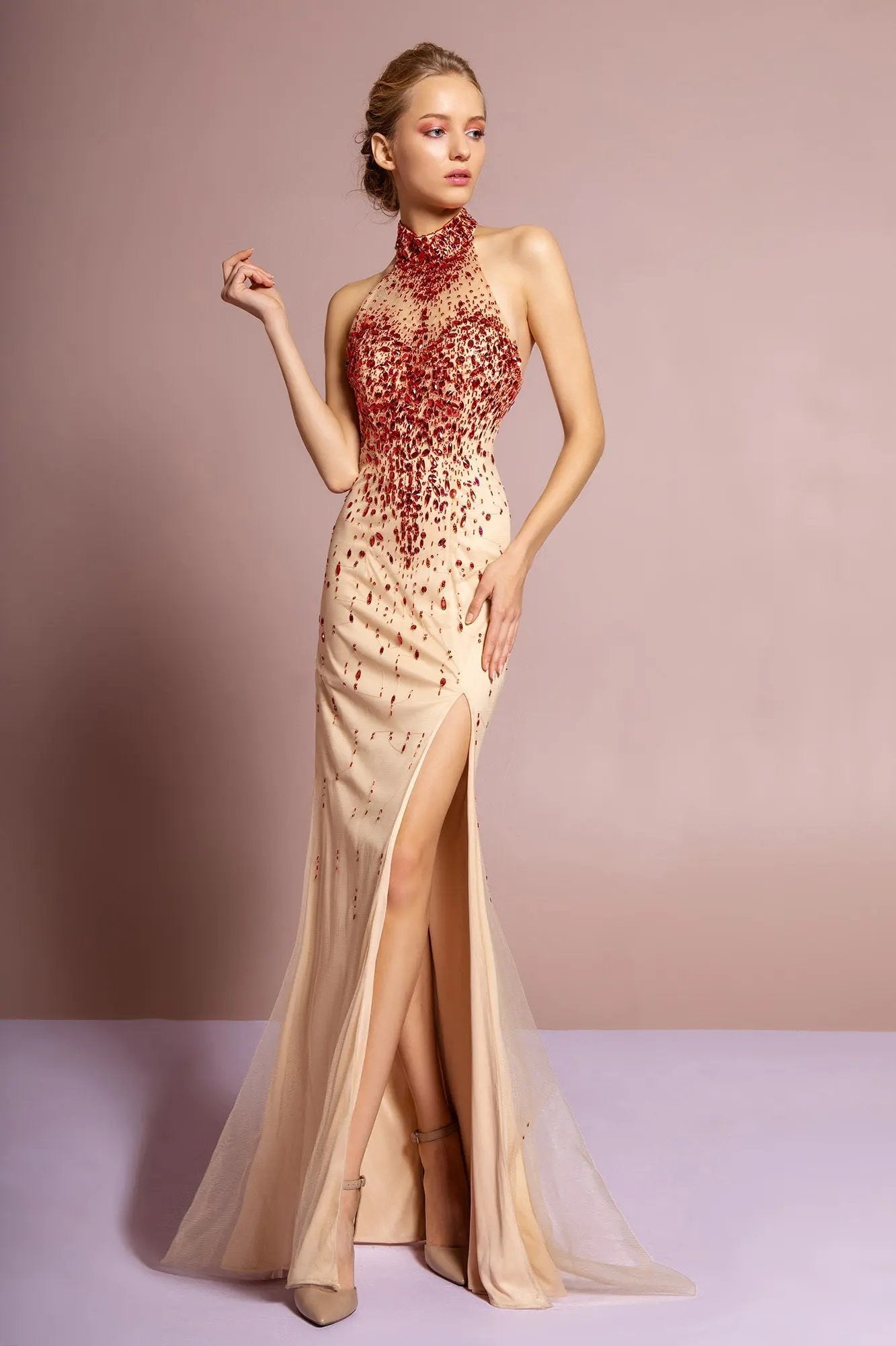 Jeweled High Neck Open Back Dress by Tux-USA
