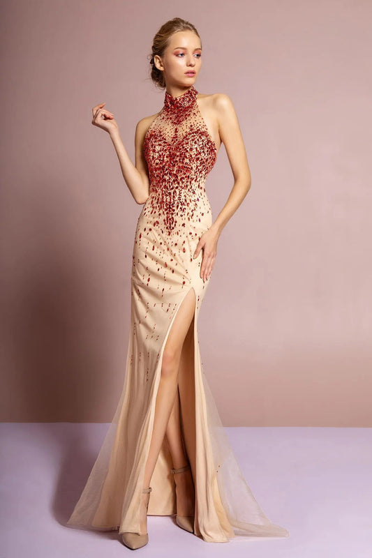 Jeweled High Neck Open Back Dress by Tux-USA