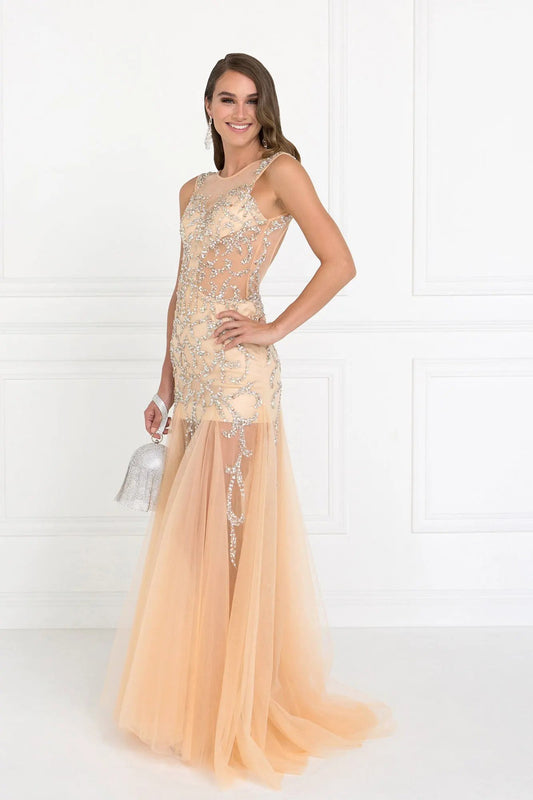 Beaded Floor Length Dress with Sheer Bodice and Open Back by Tux-USA