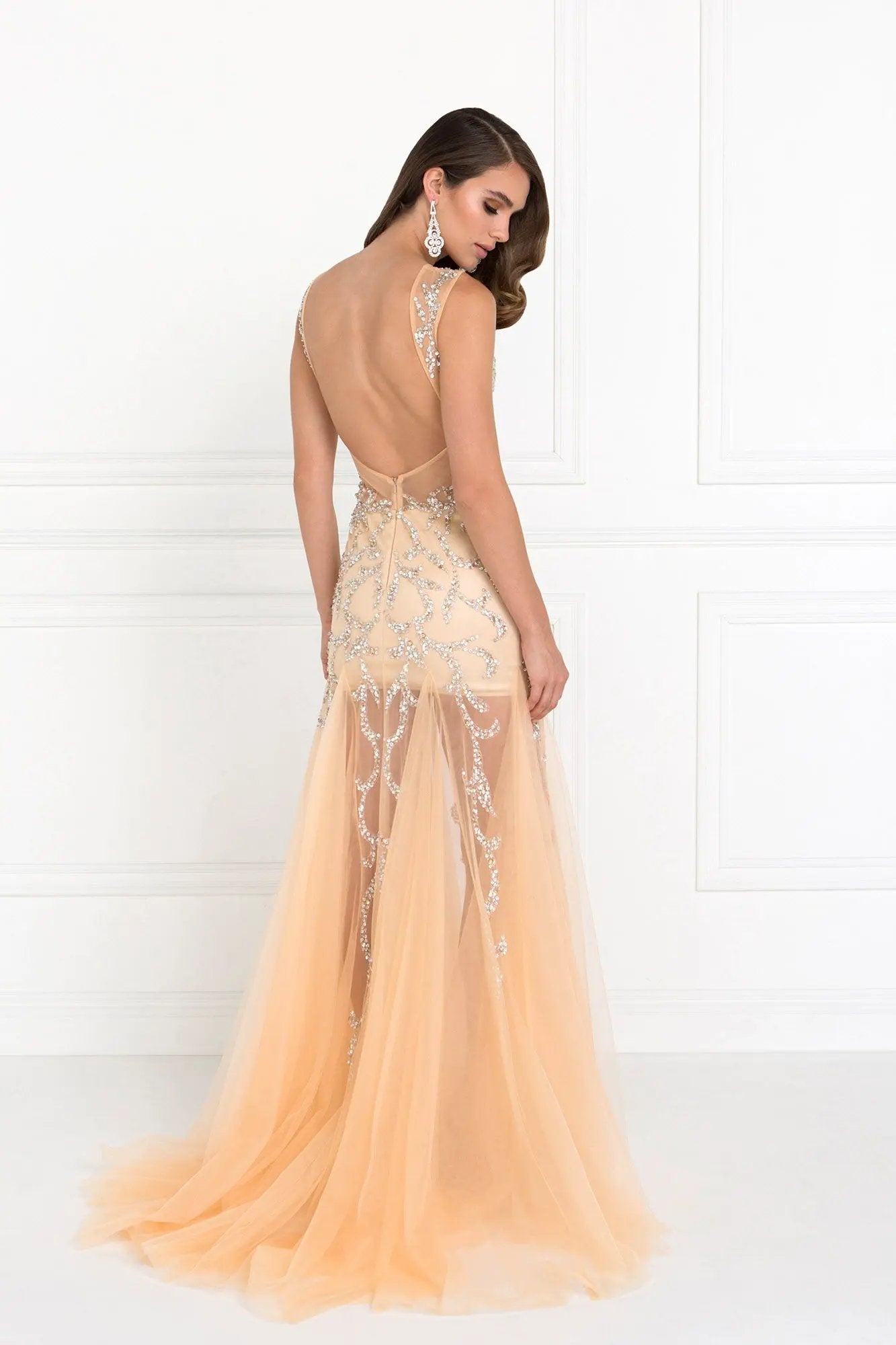 Beaded Floor Length Dress with Sheer Bodice and Open Back by Tux-USA
