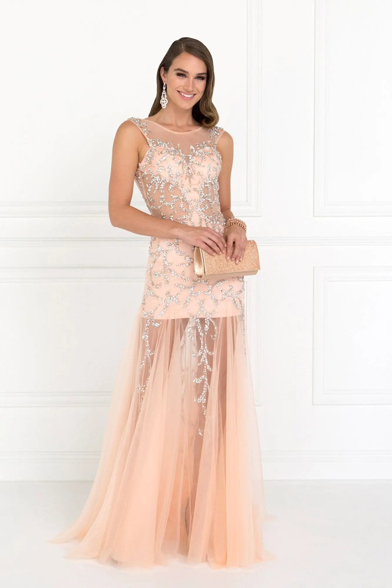 Beaded Floor Length Dress with Sheer Bodice and Open Back by Tux-USA