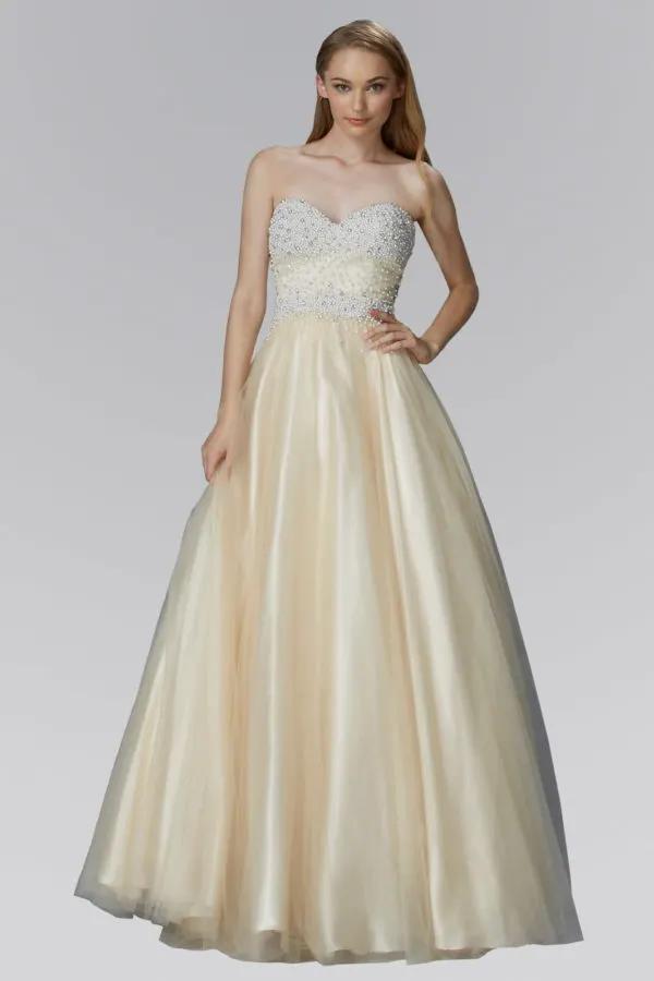 Strapless Sweetheart A-Line Tulle Long Dress with Bead and Pearl Embellished Bodice by Tux-USA