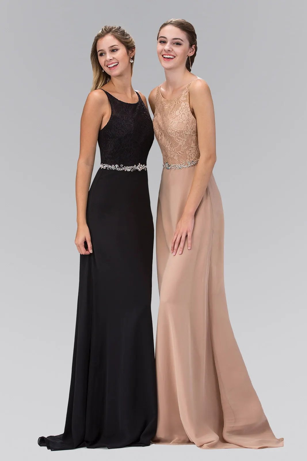 Chiffon Floor Length Dress Accented with Jewel Waistband by Tux-USA
