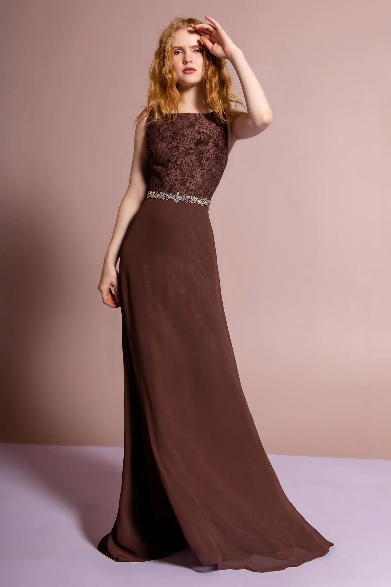 Chiffon Floor Length Dress Accented with Jewel Waistband by Tux-USA
