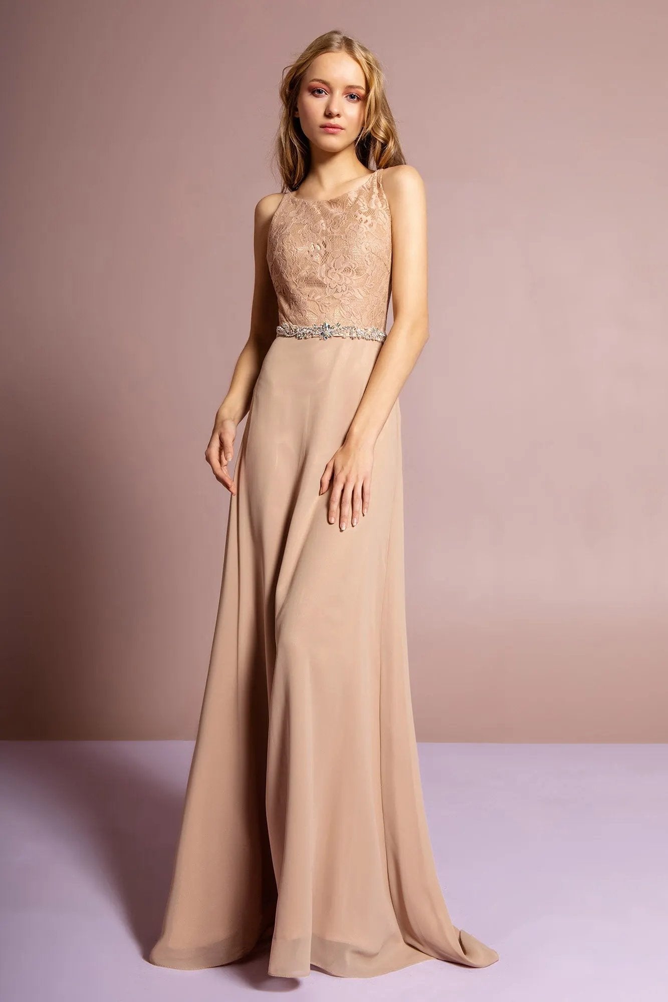 Chiffon Floor Length Dress Accented with Jewel Waistband by Tux-USA