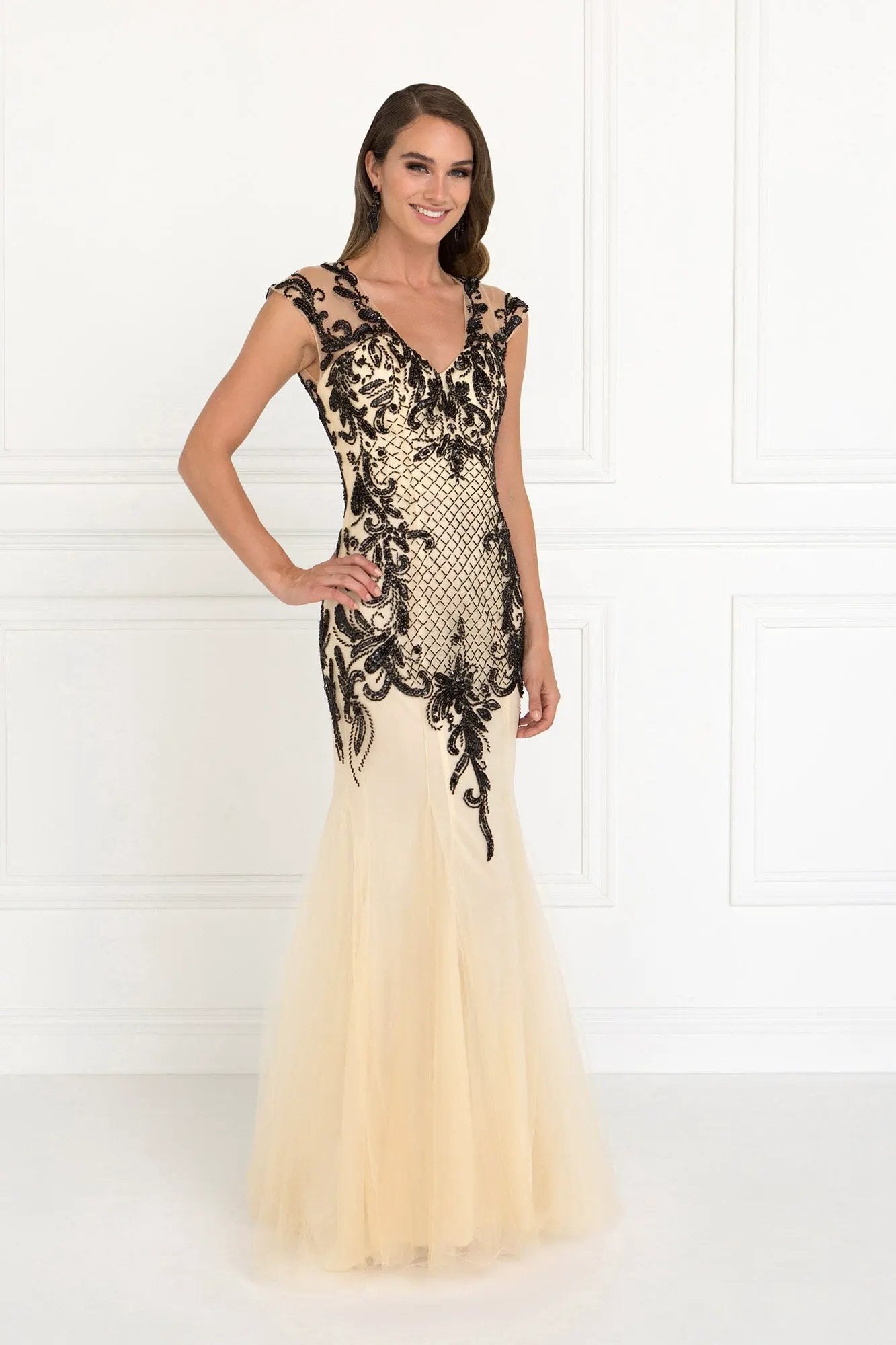 Open Back V-Neck Floor Length Dress with Bead Detailing by Tux-USA