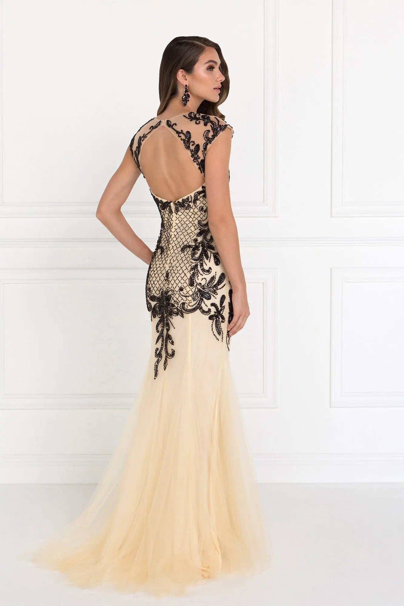 Open Back V-Neck Floor Length Dress with Bead Detailing by Tux-USA