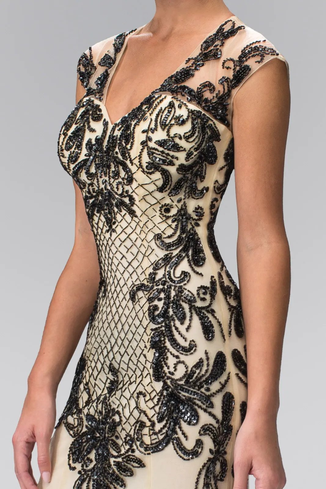 Open Back V-Neck Floor Length Dress with Bead Detailing by Tux-USA
