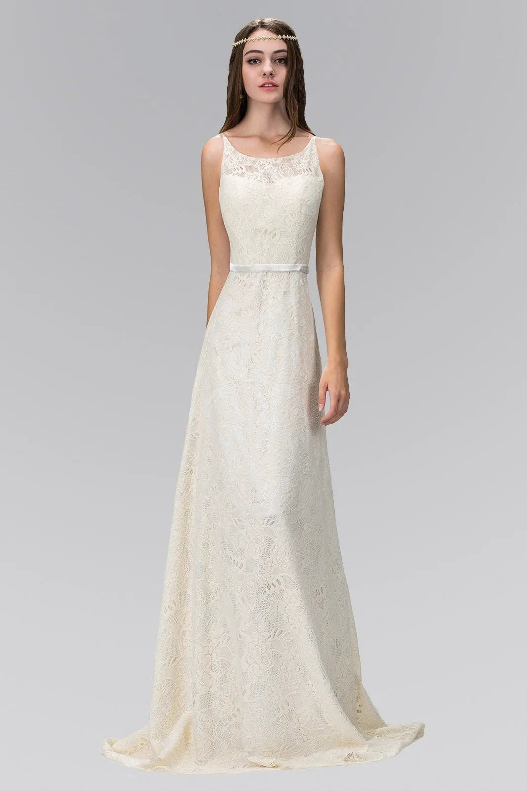 Spaghetti Strap Lace Open Back Floor Length Dress by Tux-USA