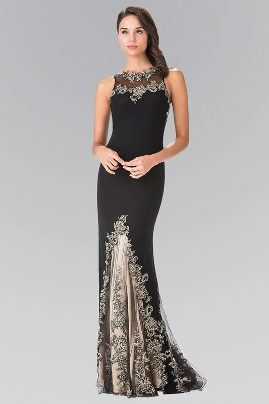 Long High Neck Dress Accented with Embroidery by Tux-USA