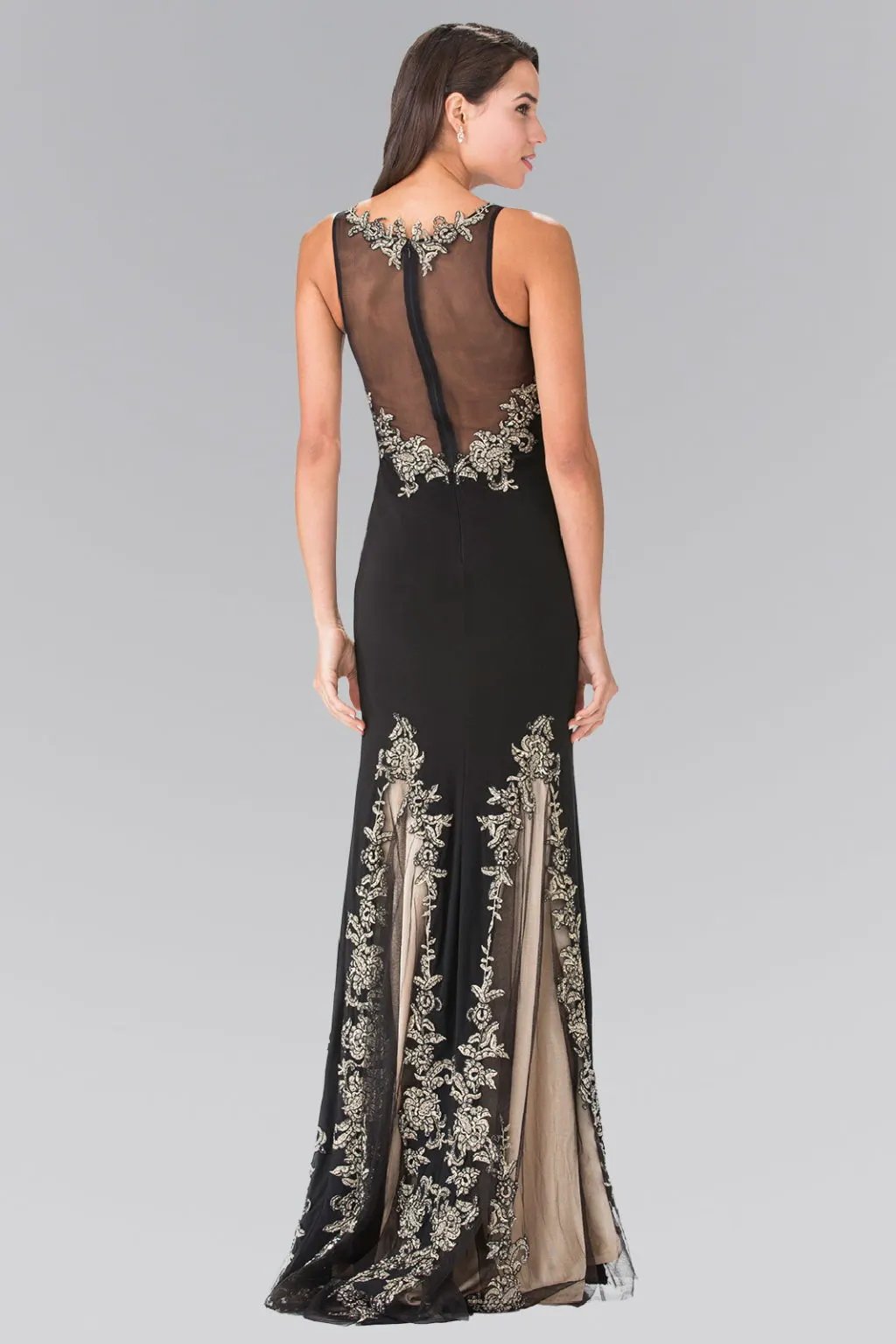 Long High Neck Dress Accented with Embroidery by Tux-USA