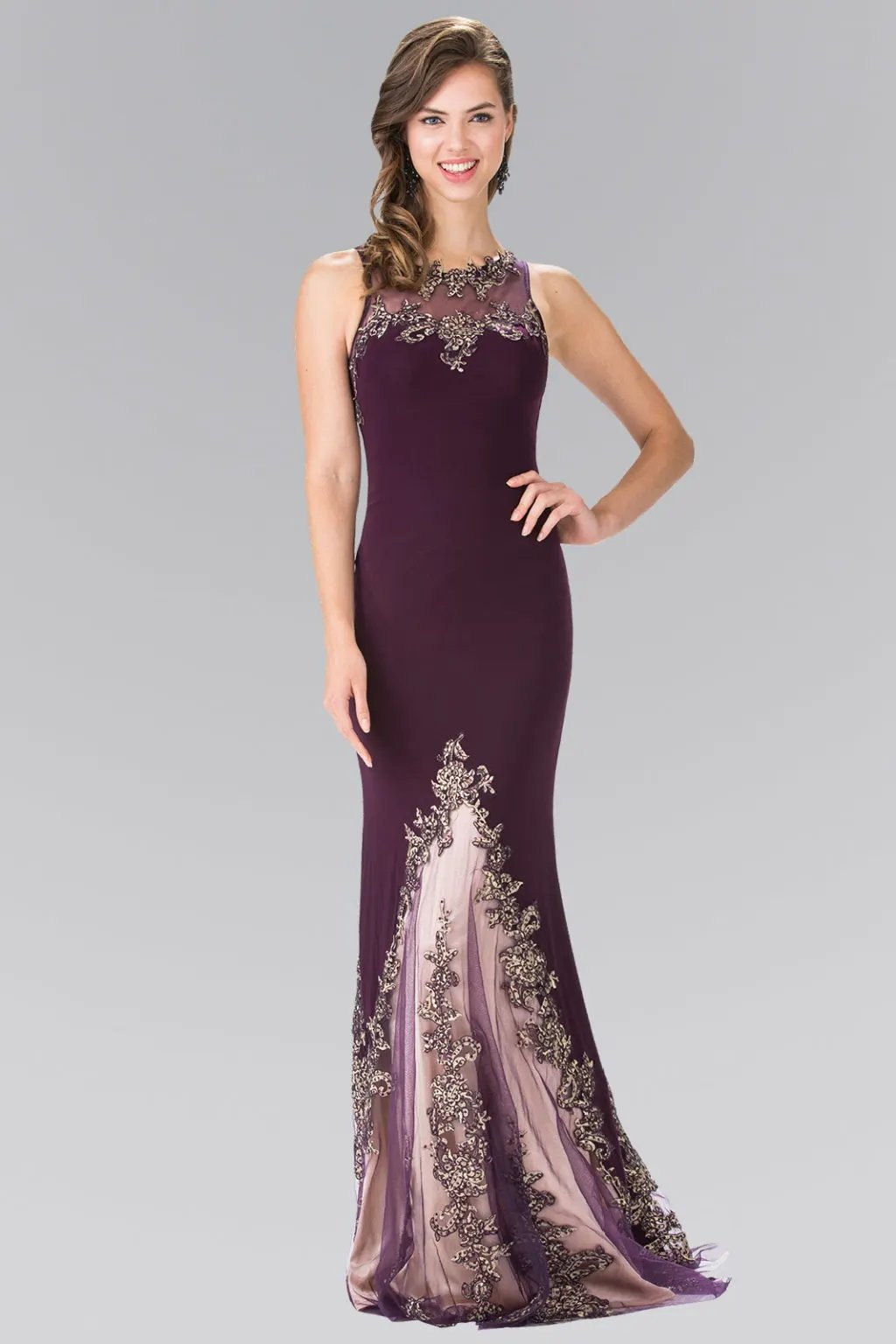 Long High Neck Dress Accented with Embroidery by Tux-USA