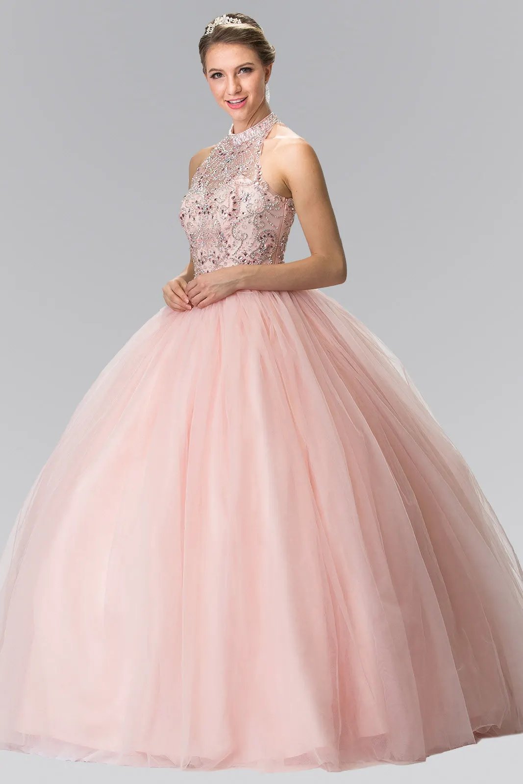 Mesh High Neck Quinceanera Dress with Beaded Bodice and Corset Back by Tux-USA