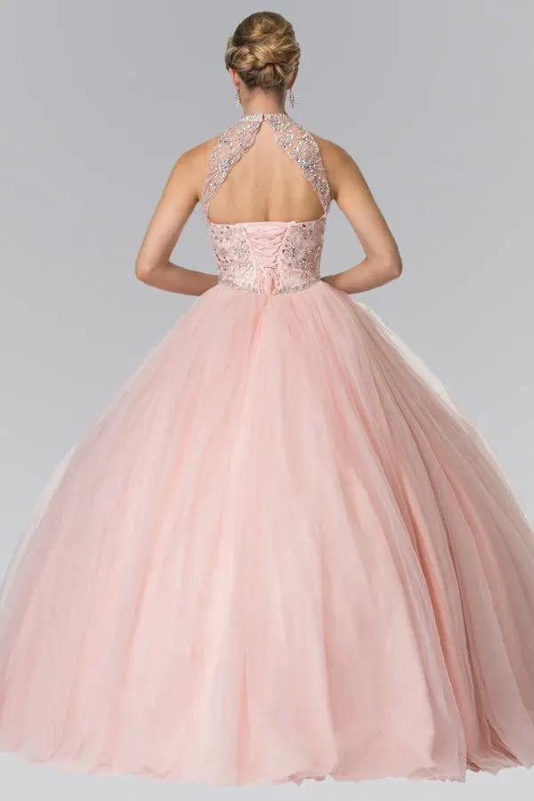 Mesh High Neck Quinceanera Dress with Beaded Bodice and Corset Back by Tux-USA