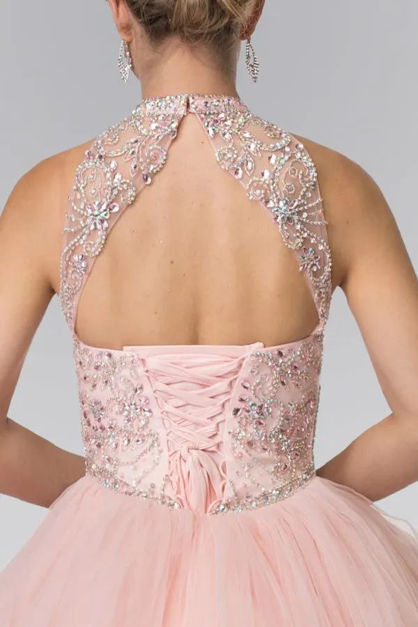 Mesh High Neck Quinceanera Dress with Beaded Bodice and Corset Back by Tux-USA