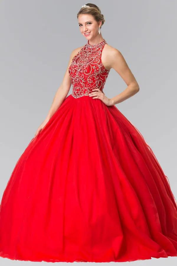 Mesh High Neck Quinceanera Dress with Beaded Bodice and Corset Back by Tux-USA