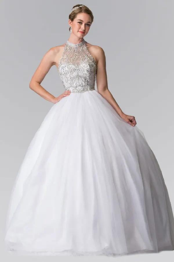 Mesh High Neck Quinceanera Dress with Beaded Bodice and Corset Back by Tux-USA