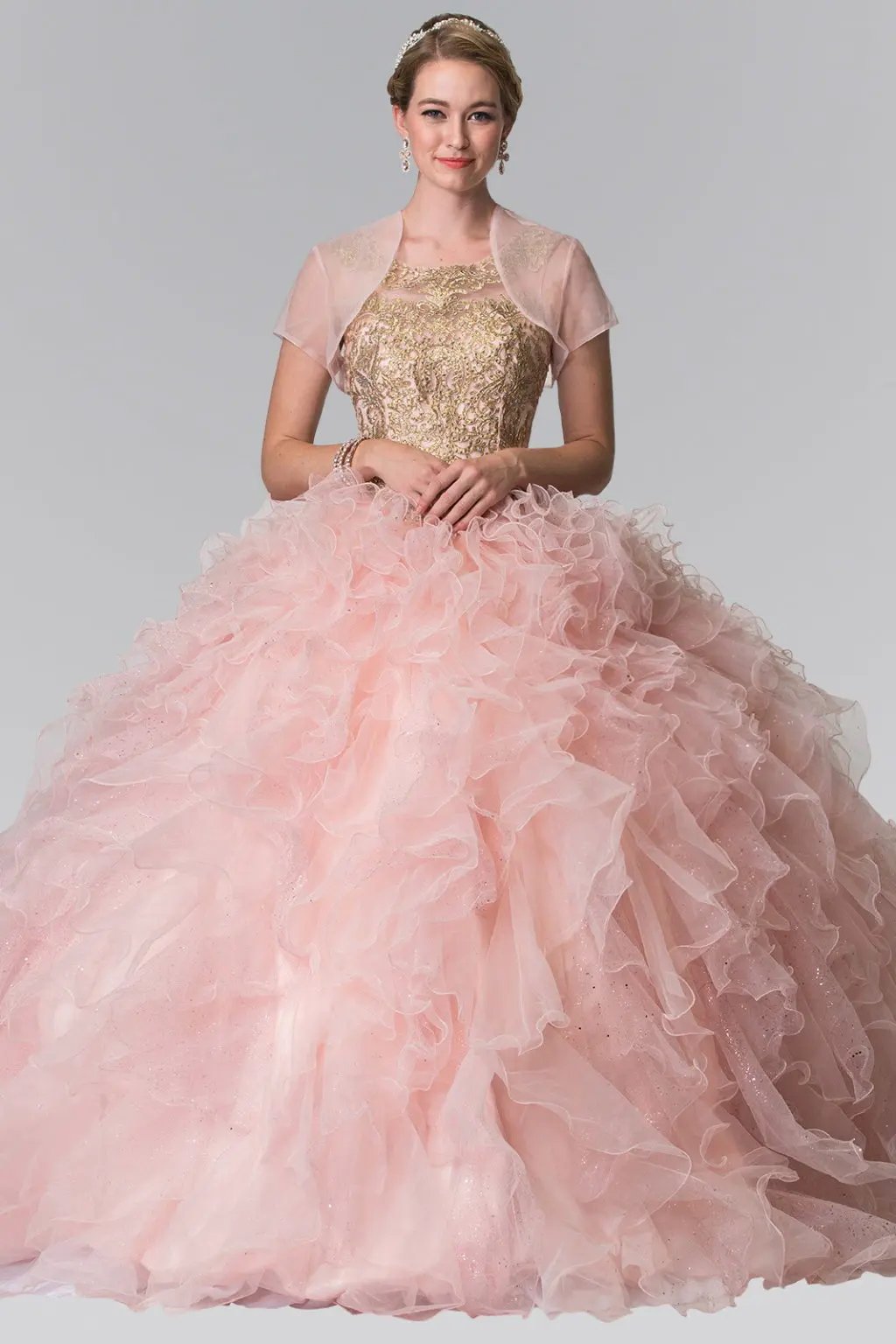 Embroidered and Beaded Mesh Ruffle Quinceneara Dress with Bolero by Tux-USA