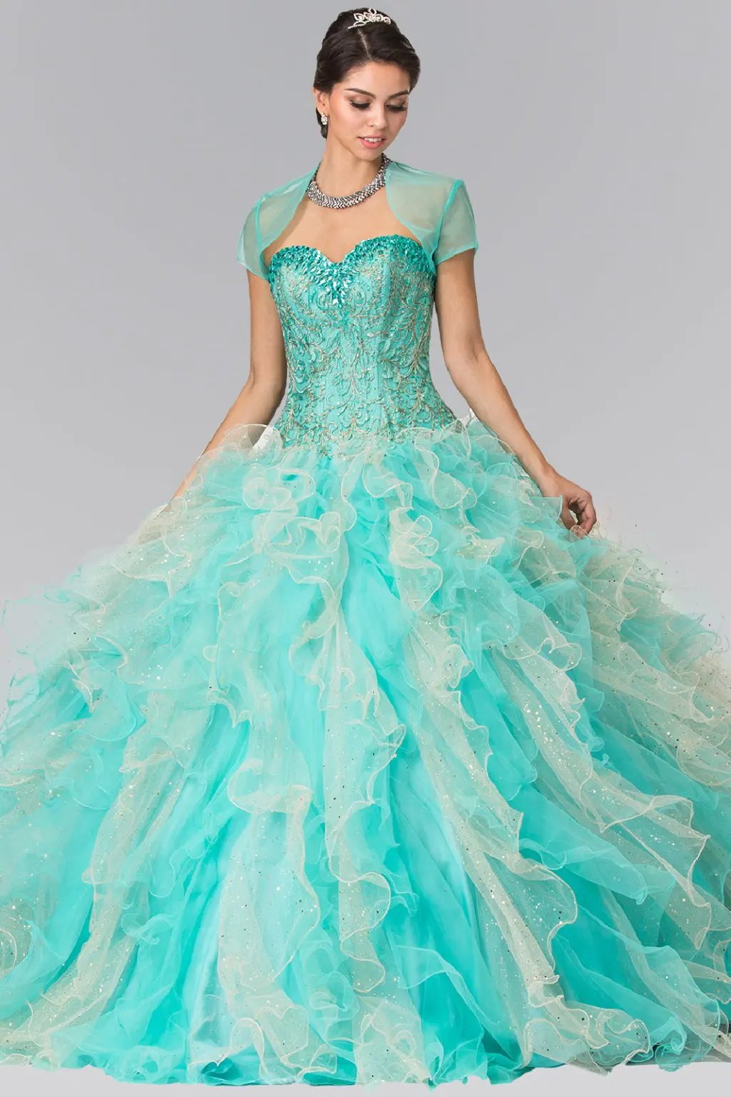 Beads Embellished Embroidery Tulle Quinceneara Dress with Bolero by Tux-USA