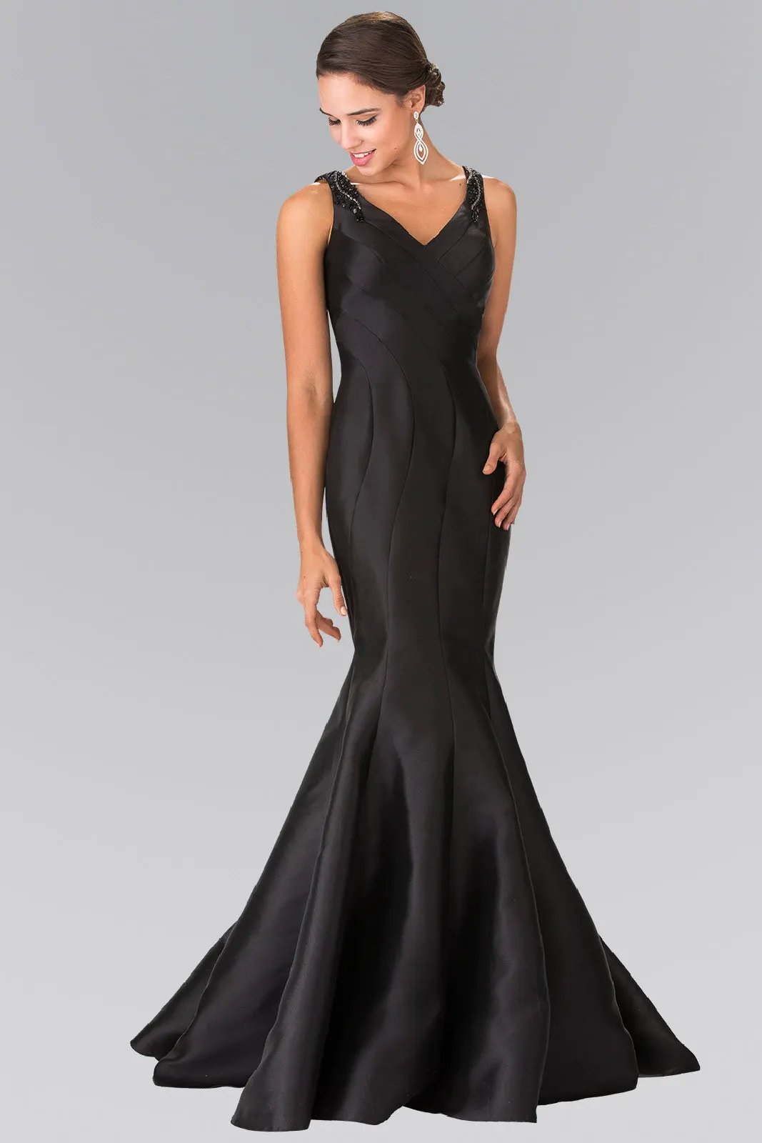 Trumpet Style Mikado Long Dress Accented with Beads on Straps by Tux-USA