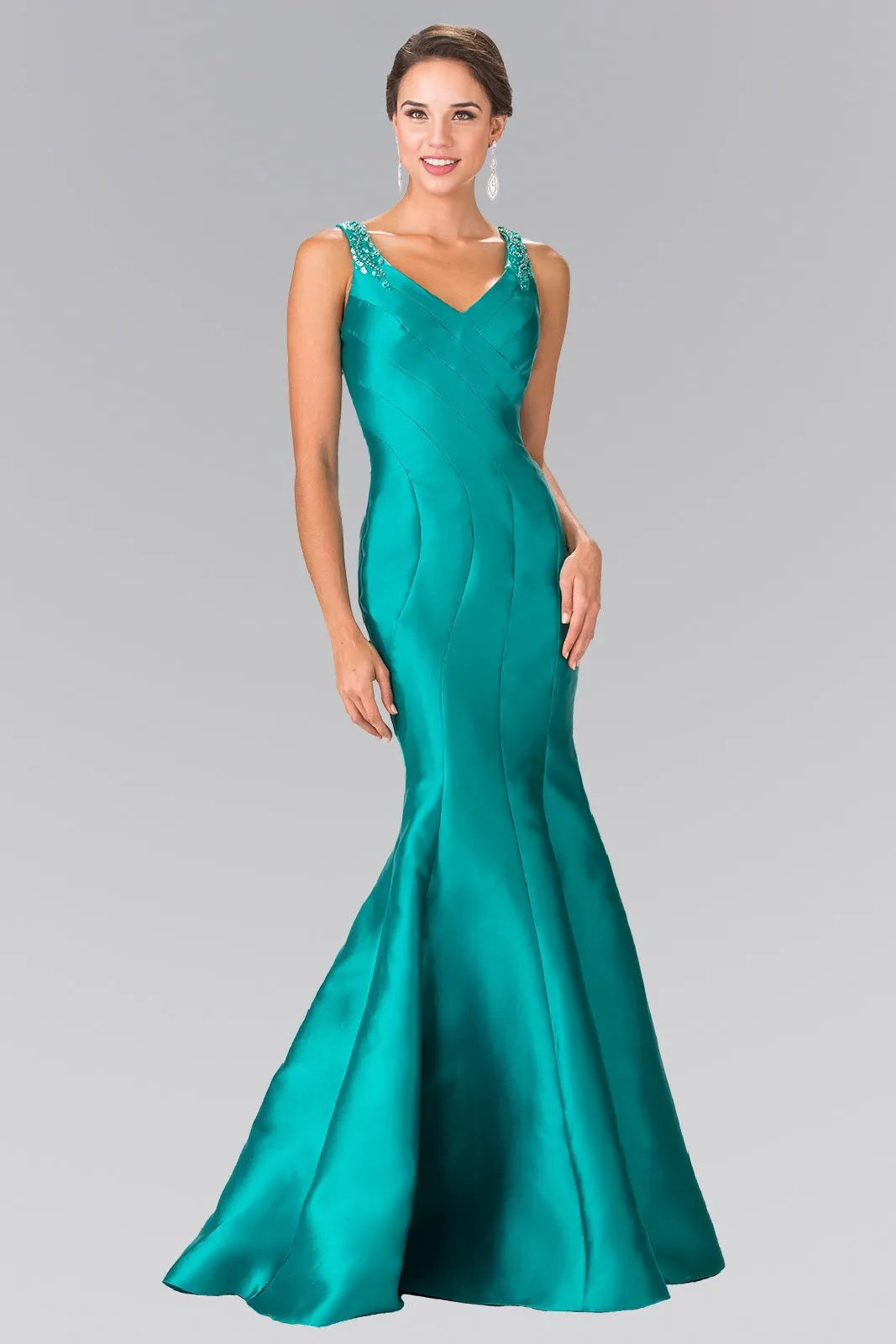 Trumpet Style Mikado Long Dress Accented with Beads on Straps by Tux-USA